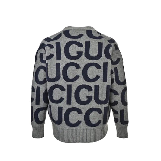 Gucci Grey Oversized Letter Jacquard V-Neck Knit Cardigan