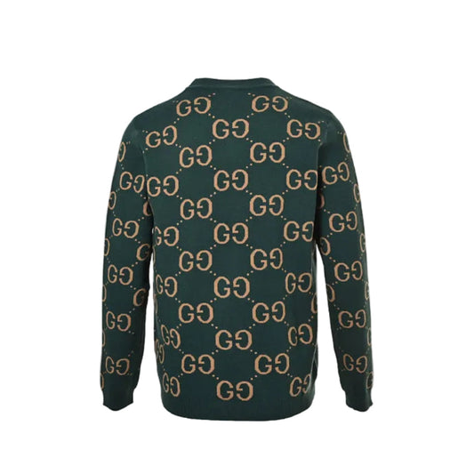 Gucci Forest Green All-Over Monogram Jacquard Crewneck Knit Sweater